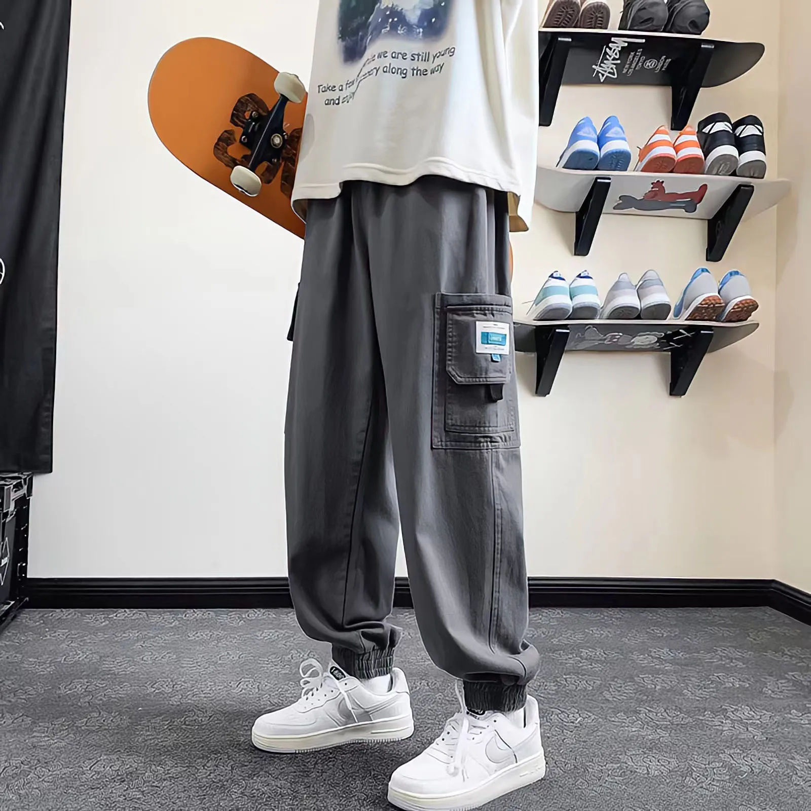 Cargo Pants Man Summer Korean Fashion Harajuku Large Pocket Straight Jeans Streetwear Vintage Loose Wide Leg Casual Trousers