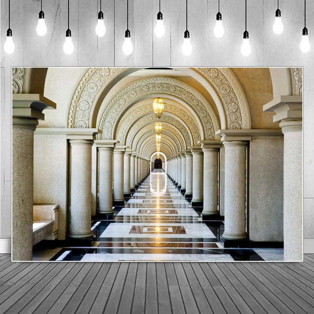 

Long Corridor Palace Interior Backgrounds Golden Hallway Lamp Pillars Arch Marble Photography Backdrops Photographic Portrait