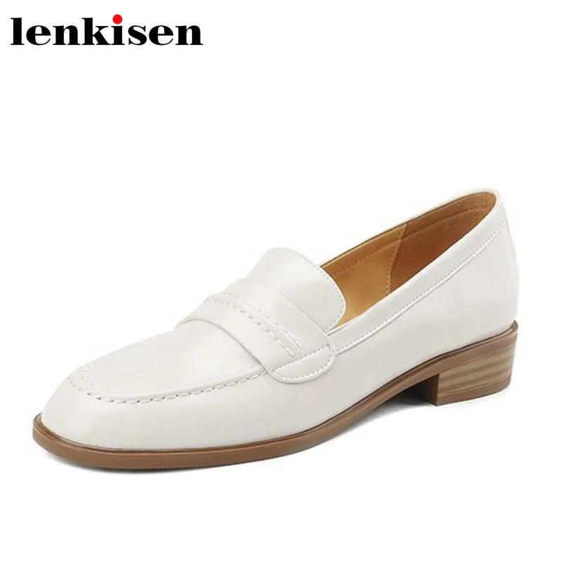 

Lenkisen New Natural Cow Split Leather Round Toe Med Heels Spring Brand Shoes Low Heels Slip on Wedding Mature Brand Women Pumps