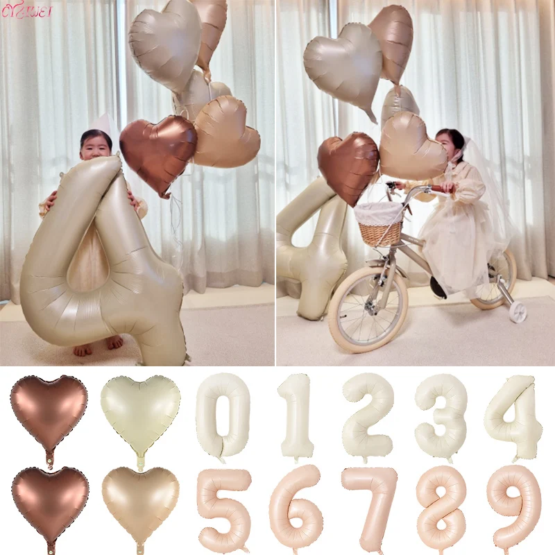 

32/40inch Cream Caramel Number Balloons 0-9 with 18inch Brown Beige Heart Foil Balloons 18 Adult Kids Happy Birthday Party Decor
