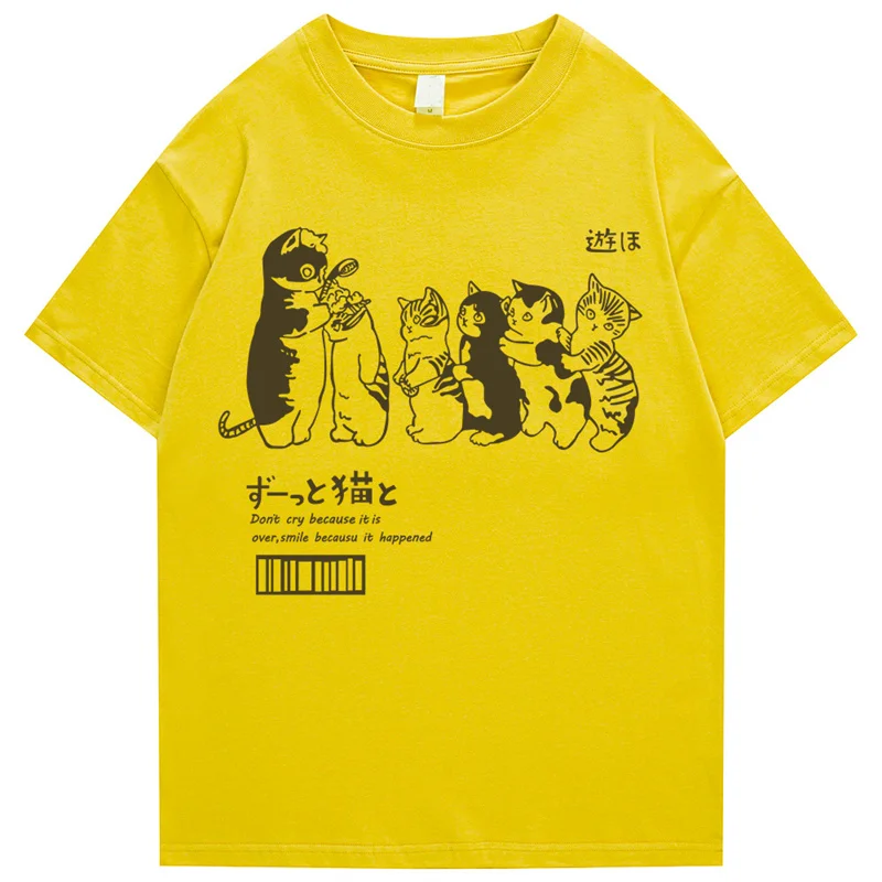 

Summer Japanese Anime Mens Oversized Cotton T Shirt Clothes Hip Hop Cat Shower Print Shirts Casual Short Sleeve Tee Tops