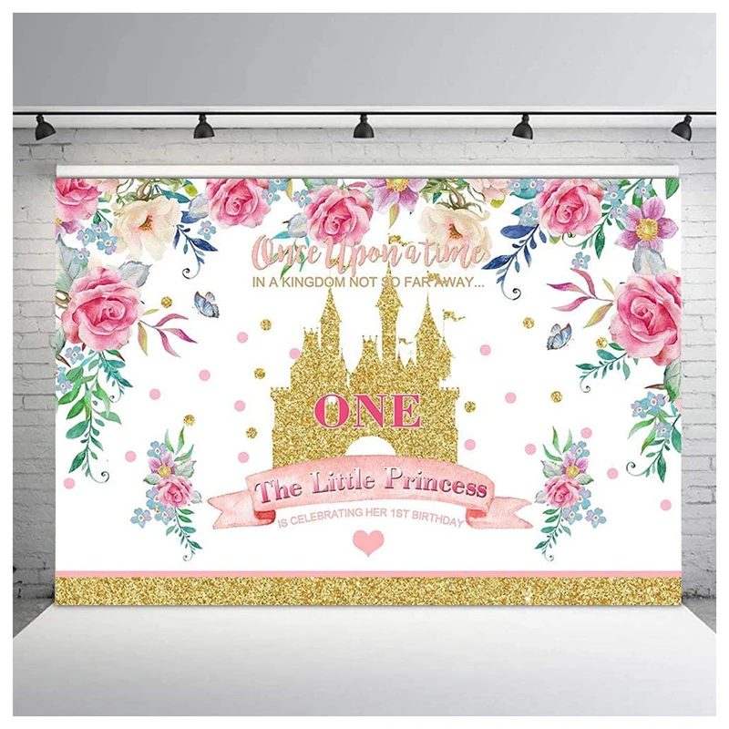 

Kingdom Little Princess 1st first Birthday Party Backdrop Photography Background Banner for girls Floral Gold Sequin Tale Castle