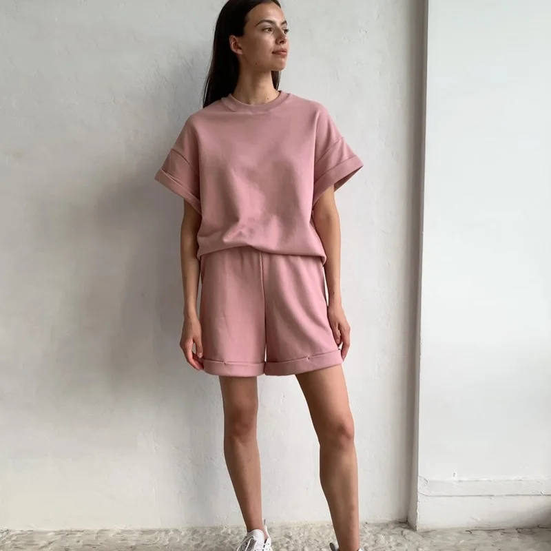 

Summer Cotton Sets Women Casual Two Pieces Short Sleeve T Shirts and High Waist Short Pants Solid Outfits Tracksuit