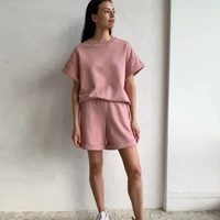 summer cotton sets women casual two pieces short sleeve t shirts and high waist short pants solid outfits tracksuit