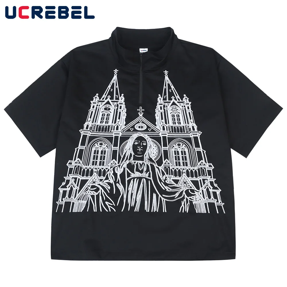 

Pattern Embroidery Short Sleeve Shirt Mens Summer Loose Pullover Stand Collar Shirts High Street Casual Half-Sleeve Top Men