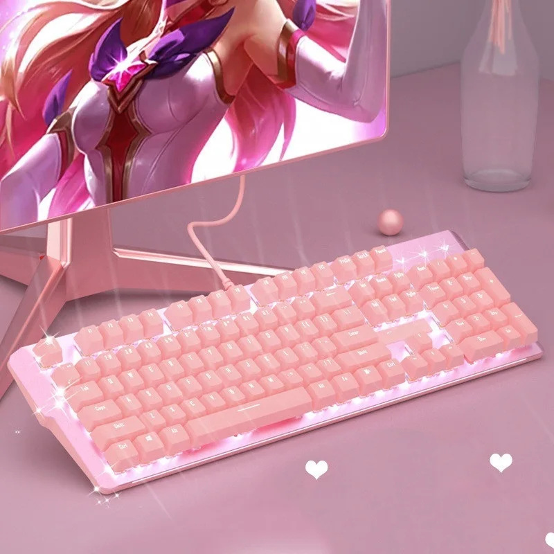 Проводная клавиатура для девочек, игровая Механическая Проводная клавиатура с белым фоном, 104 клавиш, USB-интерфейс, подходит для геймеров, ПК...