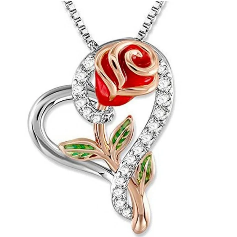 

Simple Love Heart Rose Inlaid Diamond Necklace for Women Vintage Statement Jewelry