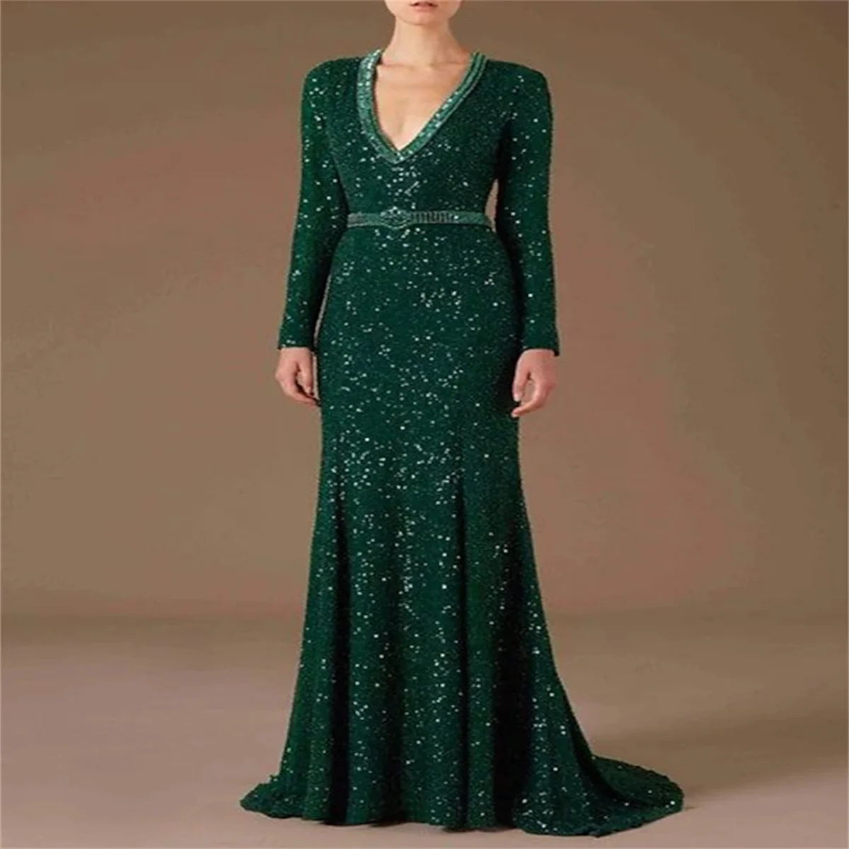 

Mother Of The Bride Dress Elegant V Neck Sweep / Brush Train Sequined Long Sleeve With Sash / Ribbon Sequin 2023 New Mermaid
