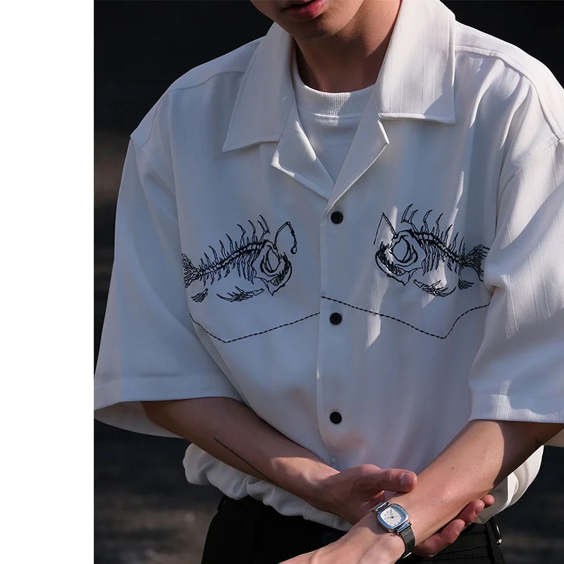 Camisa con estampado de espina de pescado para hombre y mujer, camisa de manga corta con cuello cubano Vintage, camisa informal de Hip-Hop, chaqueta inglesa de verano