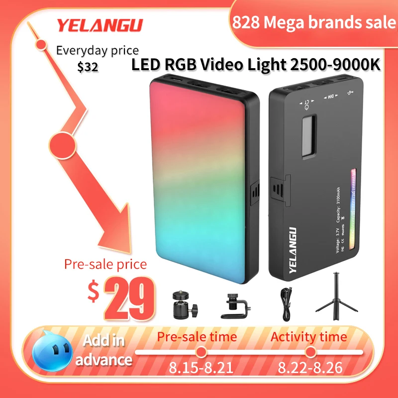 

YELANGU LED RGB Video Light 2500-9000K Temperature Portable Photogaphy Selfie Lighting for Studio DSLR Camera Smartphone 3100mAh