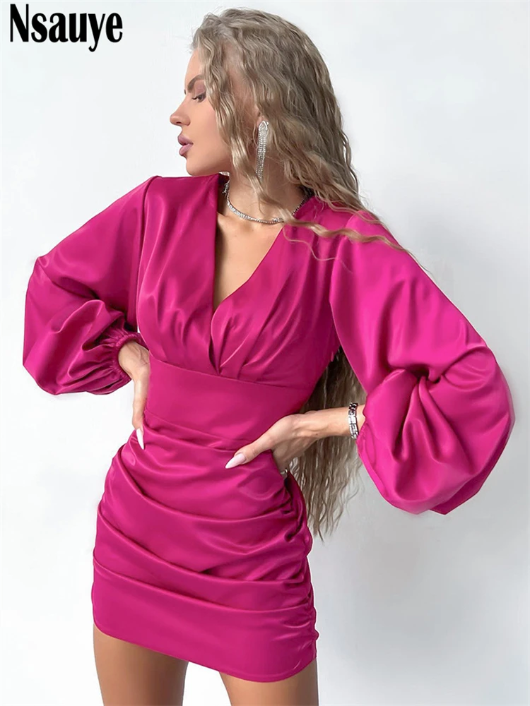 

Nsauye 2022 Elegant Long Sleeve Women Satin Fashion Short Bodycon Dress Party Sexy Evening Night Club V Neck Mini Dress Winter