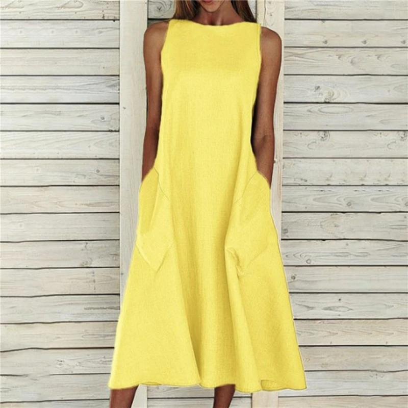 

Summer Women Long Dress 2022 Solid Sleeveless Pocket Bohemian Dress Women Casual Loose Dresses For Women Party Wear