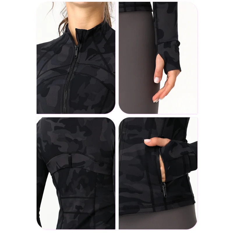 Autumn Black Cargo Standing-collar Women Jackets Fitness Stretchy Long Sleeve Thumb Hole Gym Running Coat Sports Sweatshirts