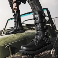 punk motorcycle men fashion military metal buckle leather boots mid calf high top army booties locomotive tooling anti skid shoe