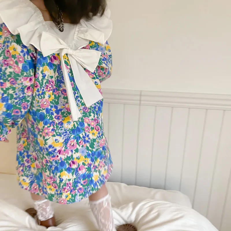 

2022 Spring And Summer New Korean Style Children Clothes Toddler Girls Flower Dress Back Bow Sweet Kids Princess Dress