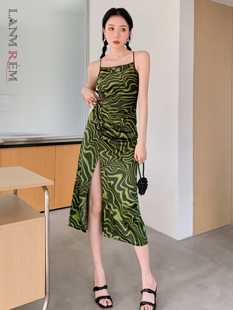 

LANMREM длинное платье-комбинация с разрезом для женщин 2022 летние тонкие платья на бретельках с принтом Женская Роскошная Одежда для вечеринок...