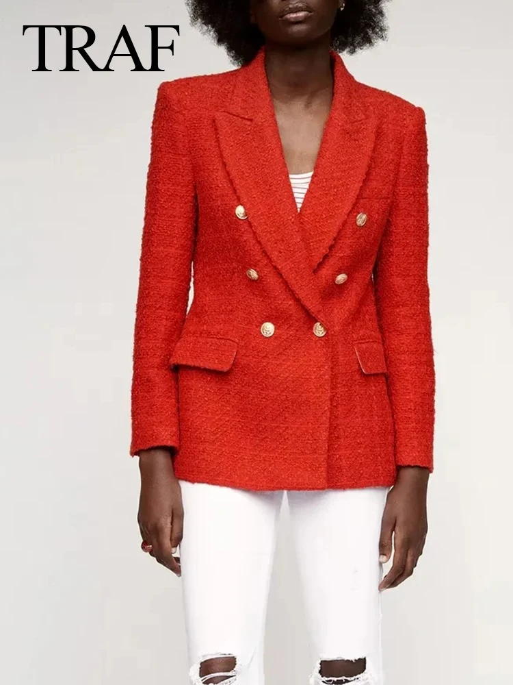 

TRAF ZA 2022 Women Casual Tweed Blazer Retro Office Lady Autumn Solid Color Jacket Coat Double Breasted Outwear Female Chic Tops