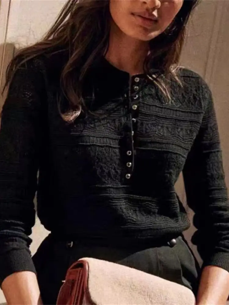 

Женский вязаный свитер, повседневный вязаный пуловер с полуоткрытыми пуговицами и круглым вырезом