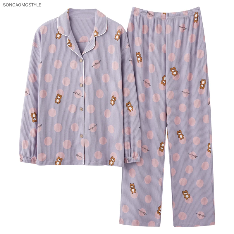 

2022 Women Cartoon Cardigan Sleepwear Plus Size Pyjamas Ladies Pijama Autumn Cotton Homewear New Long-Sleeved Trousers