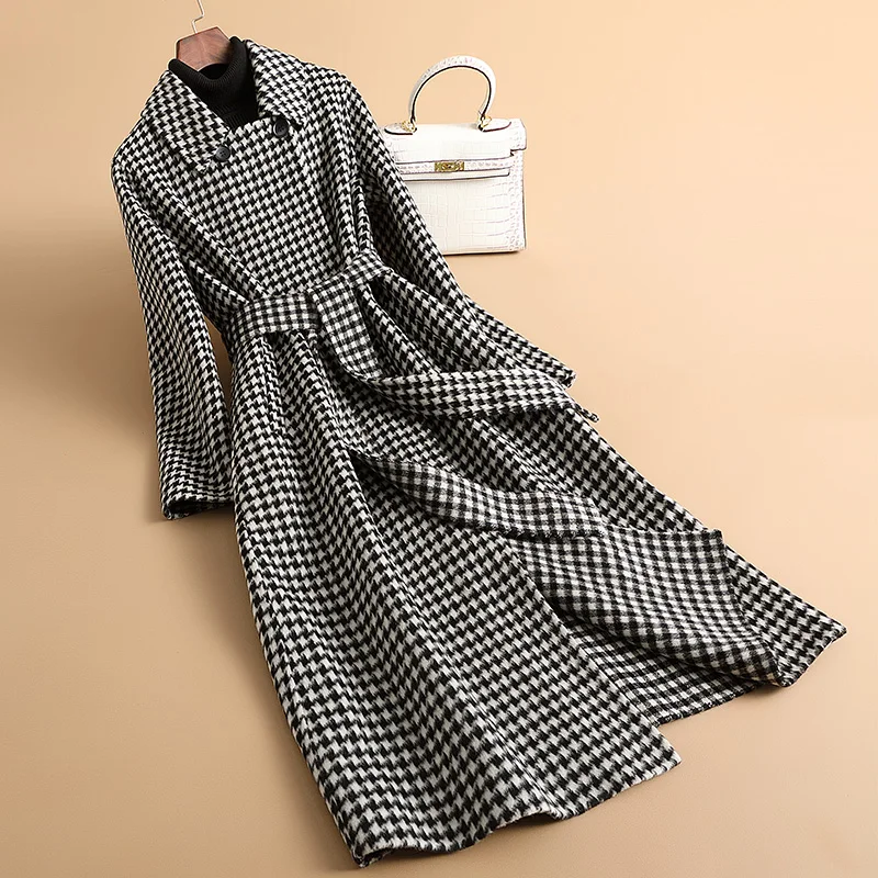 

Korean Warm Wool Trench Coat Women Autumn Winter Plaid Woolen Coat Double-sided Cashmere Coats Fashion Mid-length Overcoat Zm