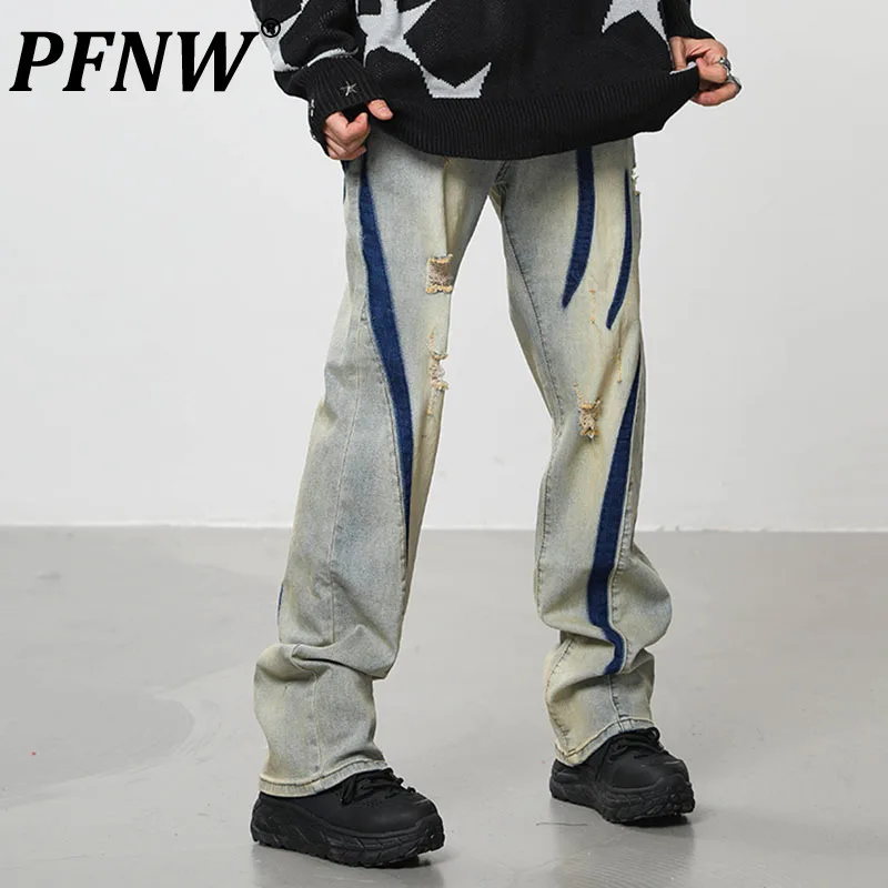 

PFNW Spring Autumn New Men's Tide Straight Denim Jeans Vintage Streetwear Hole Print Colors Contracted Chic Casual Pants 28A0698