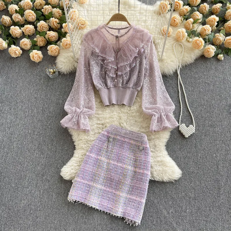 

Женский комплект из двух предметов, Элегантная блузка с кружевом и блестками и винтажная клетчатая мини-юбка с бисером, новинка весны