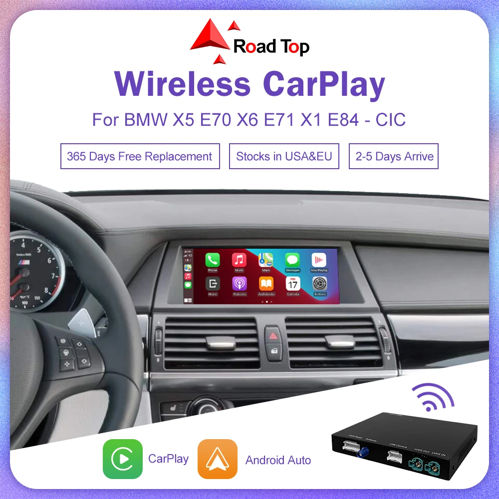 

Road Top Wireless IOS CarPlay for BMW CIC System X5 E70 X6 E71 2011-2013 X1 E84 2009-2015 with Android Auto Mirror Link AirPlay