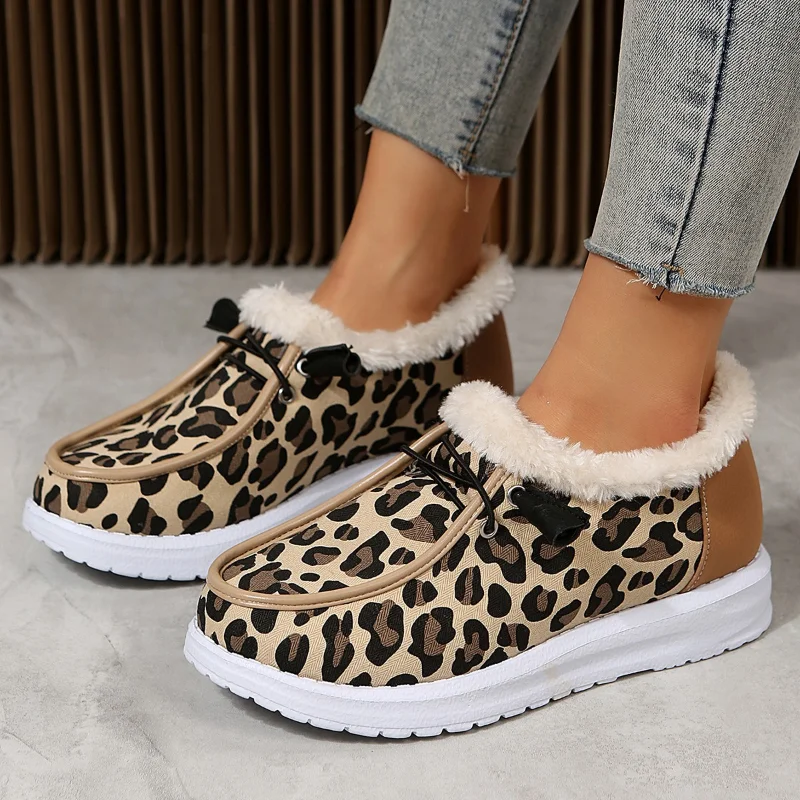 

2022 Winter Warm Plush Vulcanize Sneakers Fur Mocassin Loafers Leopard Print Shoes Women Comfort Flats Slip on Chaussure Femme