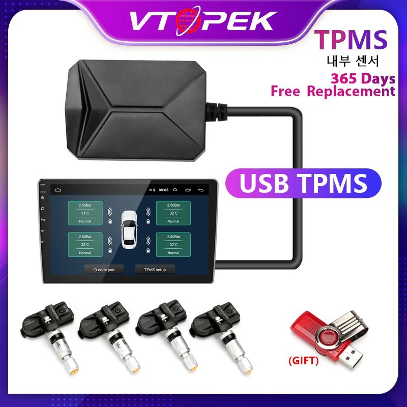 

Система контроля давления в шинах Vtopek, USB, с 4 датчиками, 5 В