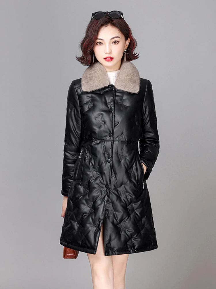 New Women Leather Down Coat Autumn Winter Casual Fashion Real Mink Fur Collar Slim Sheepskin Down Outerwear Thick Warm Jacket