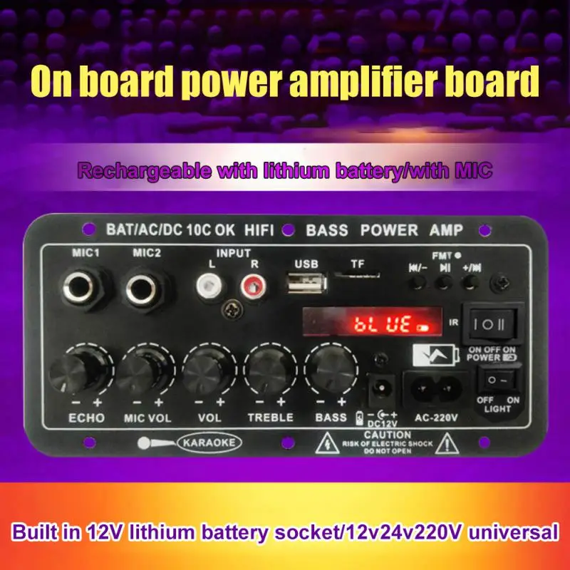 

D1OC цифровой Bluetooth стерео усилитель 220V AC 12/24V сабвуфер двойной микрофона караоке театр концерт система аудио усилитель