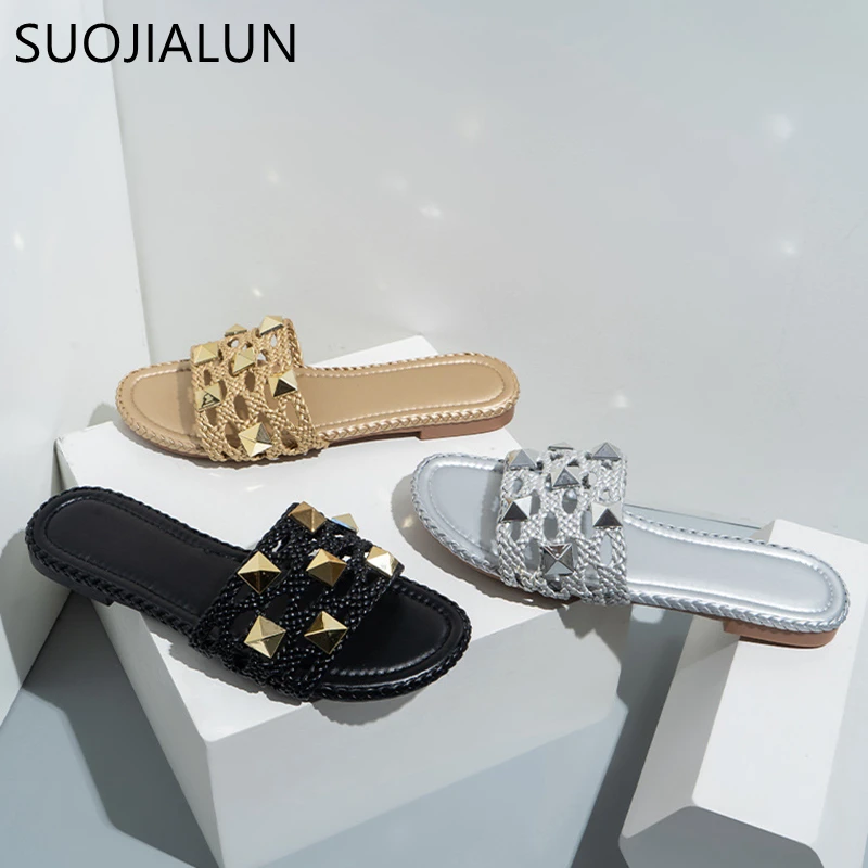 

SUOJIALUN 2023 Summer New Brand Women Slipper Fashion Rivet Open Toe Slip On Beach Slides Flat Heel Casual Sandal Shoes Flip Fl