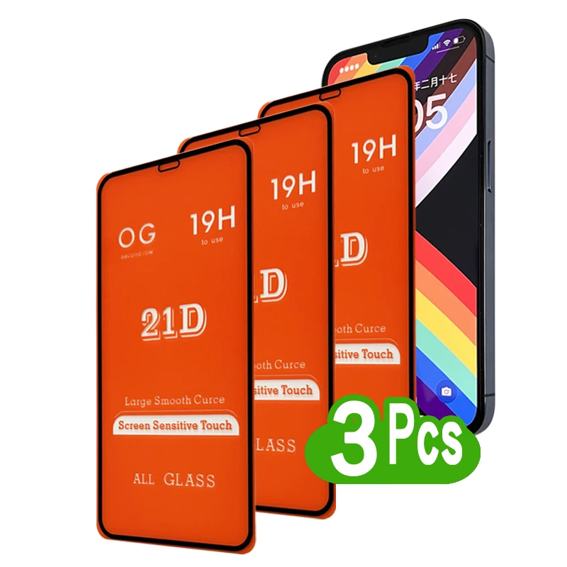 3Pcs 21D HD Tempered Glass For iPhone 11 12 13 PRO MAX X XS XR 6 7 8 14 Plus Mini SE 2020 Screen Protector Full Cover Protective