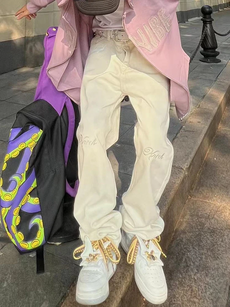 Men's Printed Loose Casual Jeans Y2K Streetwear Clothes High Waist Straight Denim Trousers Baggy Wide Leg Long Pants Solid Color