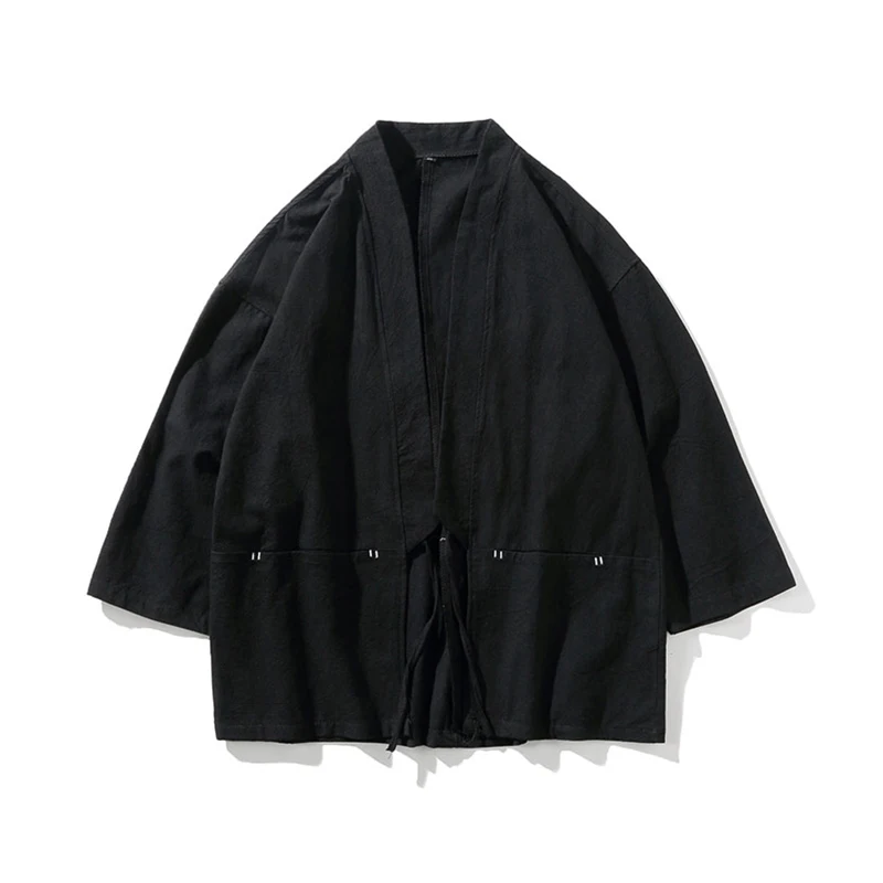 Mens Solid Kimono Jacket Loose Fit Japanese Style Full Sleeve Open Front Kimono Cardigan Coat Tops with Lacing