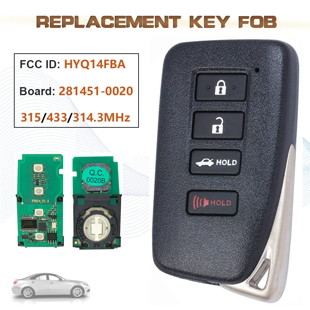 

KEYECU 315/433/314.3MHz FCC: HYQ14FBA Board:281451-0020 G 4B Smart Remote Car Key Fob 8A Chip for 2013-2018 Lexus ES 300H 350