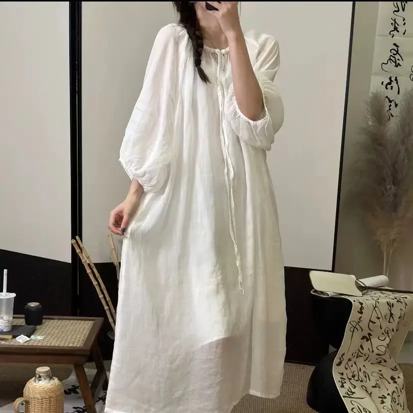 Платье-миди женское тонкое из хлопка и льна с круглым вырезом