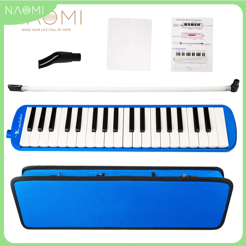 NAOMI 37 Keys Melodica Flexible Tube Mouth Organ Pianica Mouthpiece PVC Air Piano Keyboard Pianica With 2 Soft Long Tubes Case