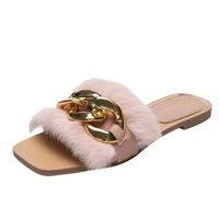 hot%ef%bc%81metal chain womens sandals one word outer wear slippers fashion rabbit fur womens slippers furry soft slippers home shoes
