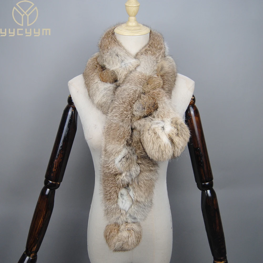 2023 New Arrival Winter Real Rabbit Fur Scarf Women Long Warm Genuine Rabbit Fur Scarves Female Knit Fluffy Pompoms Fur Scarves
