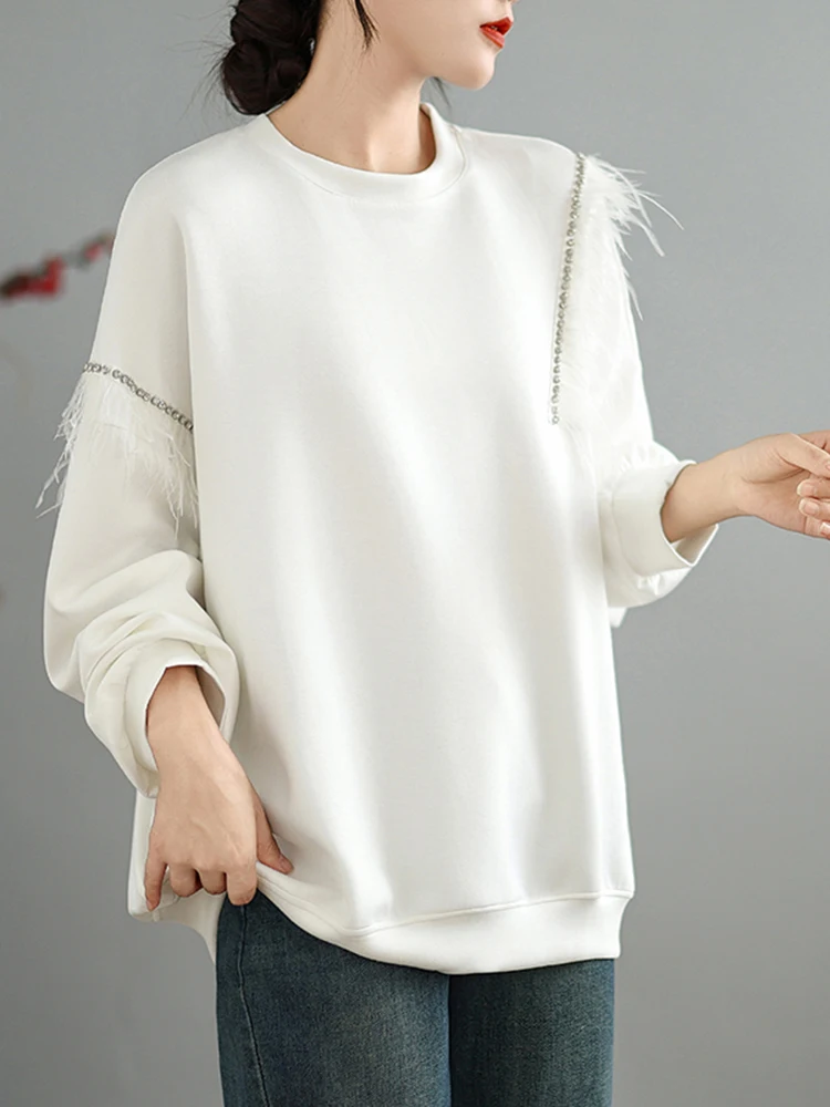 Черные толстовки с перьями и бусинами женские корейские модные Свободные