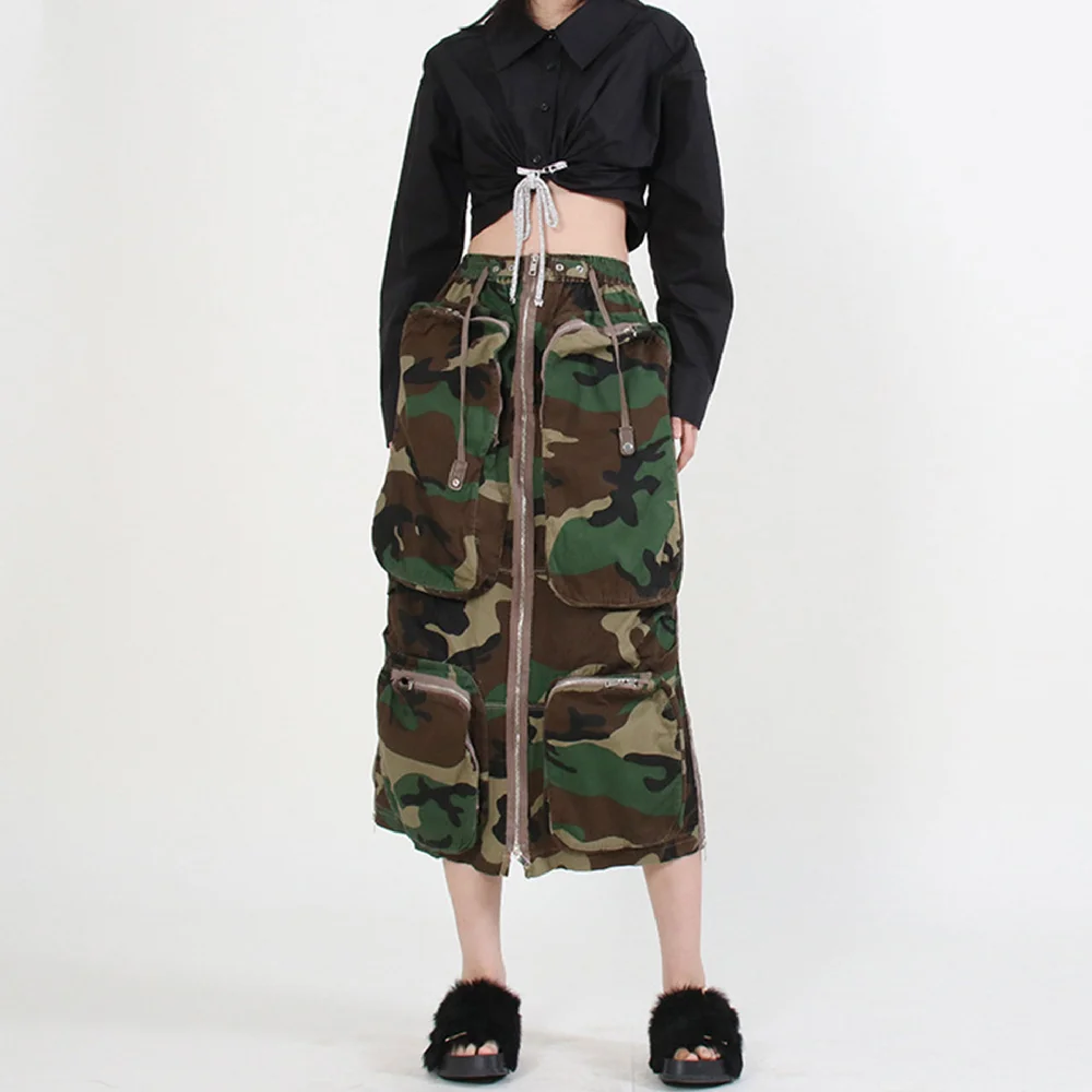 

Fashion Streetwear Unique Casual Vintage Ladies Skirts Casual Camo Camuflague Baggy Zipper Split Midi Cargo Skirt Women'S Skirts