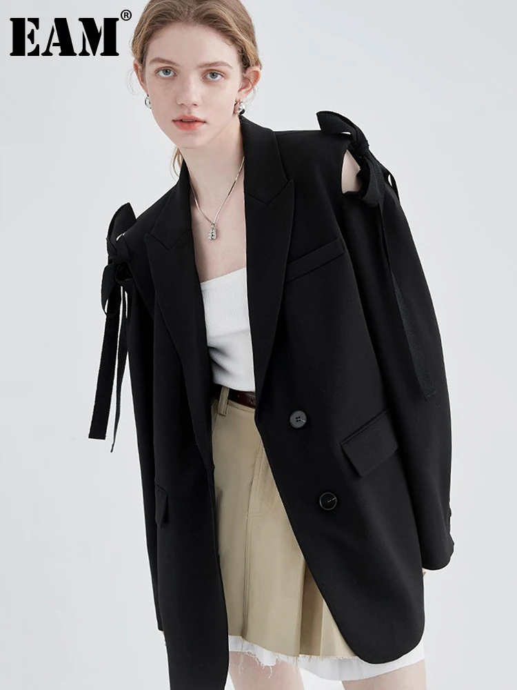 

[EAM] Женский блейзер с открытыми плечами и бантом, большой размер, новая свободная куртка с лацканами и длинным рукавом, модная демисезонная ...