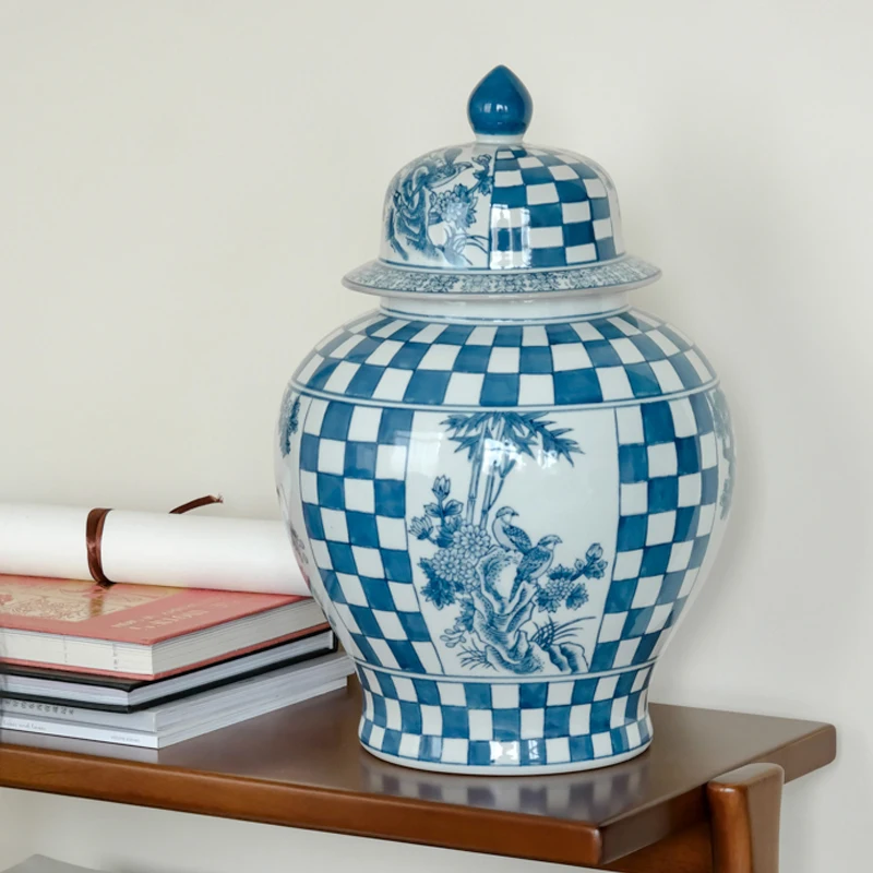 

Сине-белая фарфоровая Шахматная банка имбиря для хранения Новая китайская декоративная ваза для сухих цветов с крышкой Имбирная банка