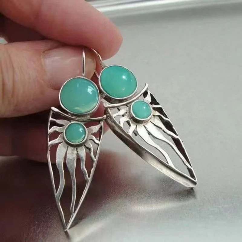 

Delicate Blue Stone Statement Earrings Women Ethnic Silver Color Hollow Metal Sun Design Drop Dangle Earrings