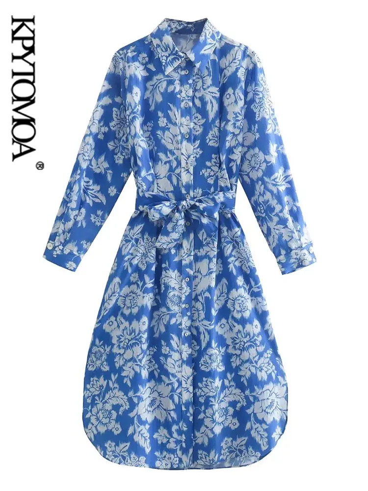 

KPYTOMOA Women Fashion With Belt Printed Mini Shirt Dress Vintage Long Sleeve Button-up Female Dresses Vestidos Mujer