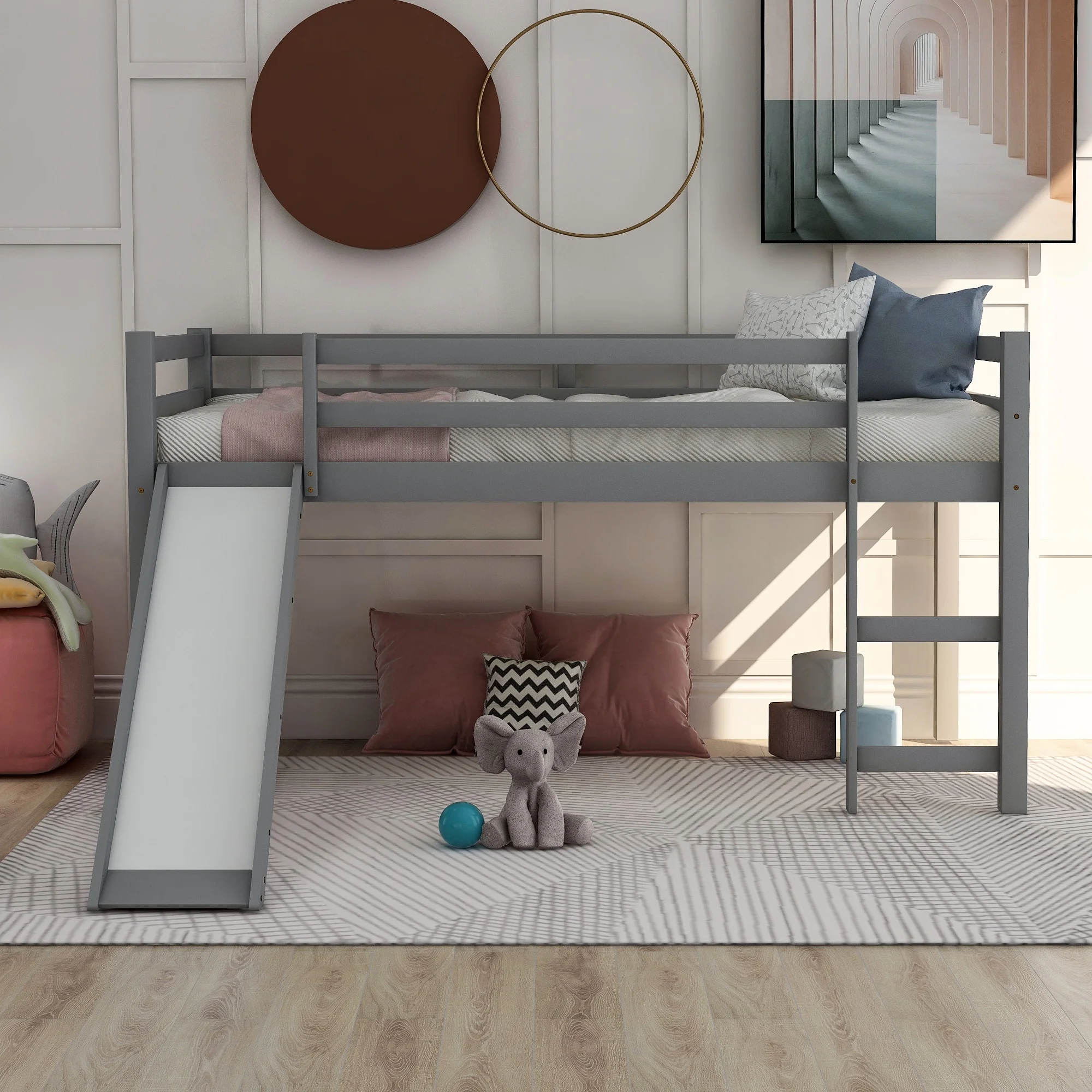 

Loft Bed with Slide, Multifunctional Design, Twin (Gray)