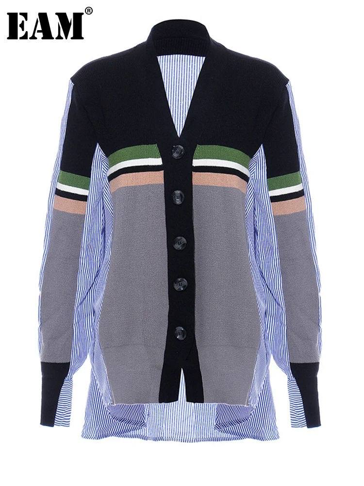 

Женский вязаный кардиган в полоску [EAM], свитер свободного покроя с v-образным вырезом и длинным рукавом, новинка 2022 года, Осень-зима, 1DD2344