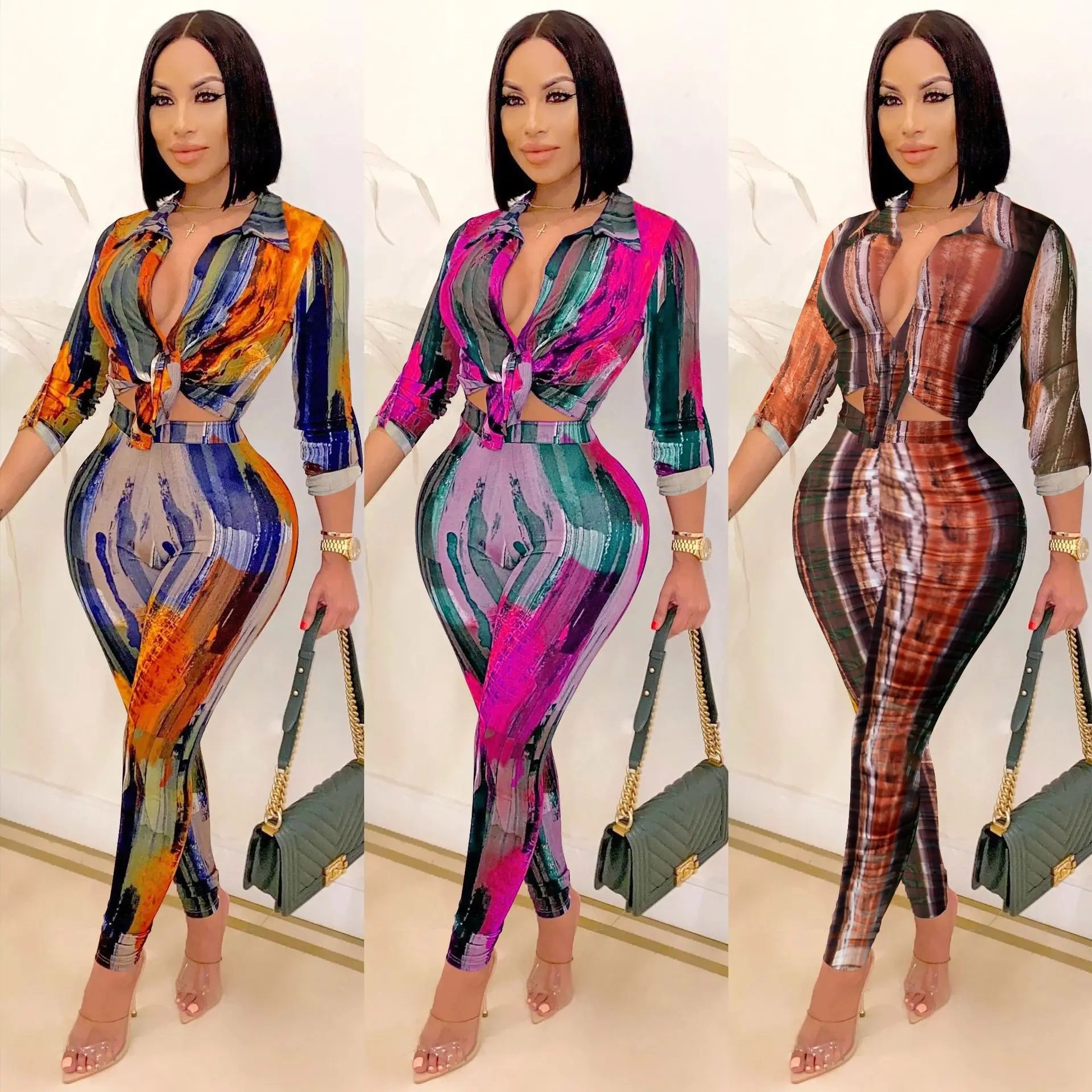 Fashion Digital Print V-neck Long-sleeved Trousers Two-piece Set for Women