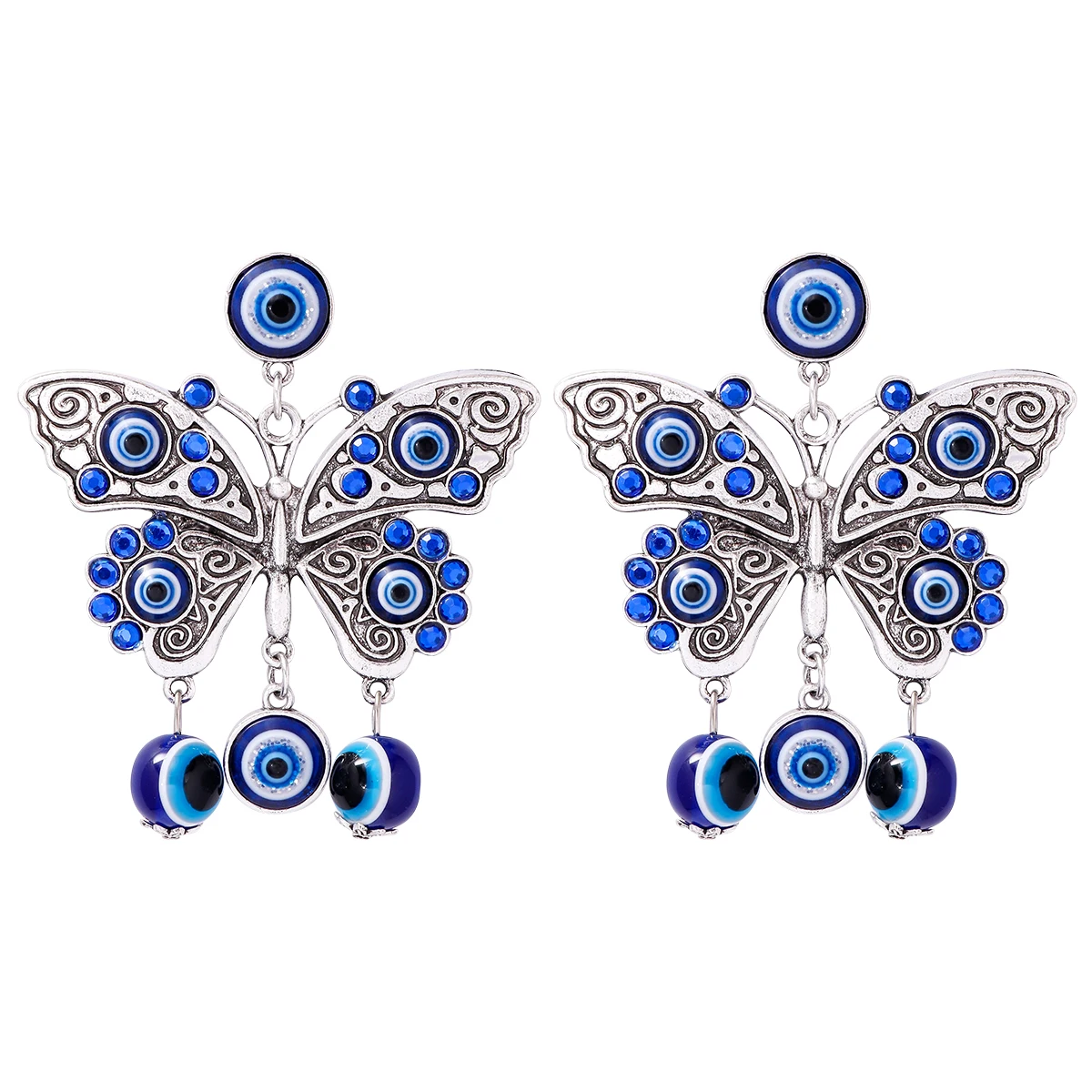 

JURAN Fashion Silver Color Butterfly Dangle Earrings for Women Vintage Ethnic Style Eye of Evil Charm Statement Indian Jewelry